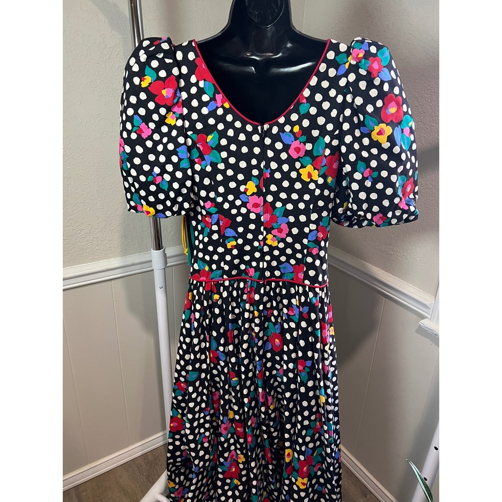 Leslie Lucks Vintage Dress Women 8 Black Floral Polka Dot Excellent Cottagecore - Picture 5 of 10